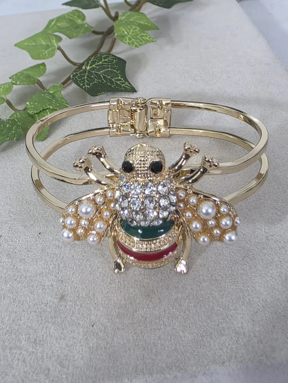 Gold Bumble Bee Pearl & Rhinestone Hinge Bangle Bracelet